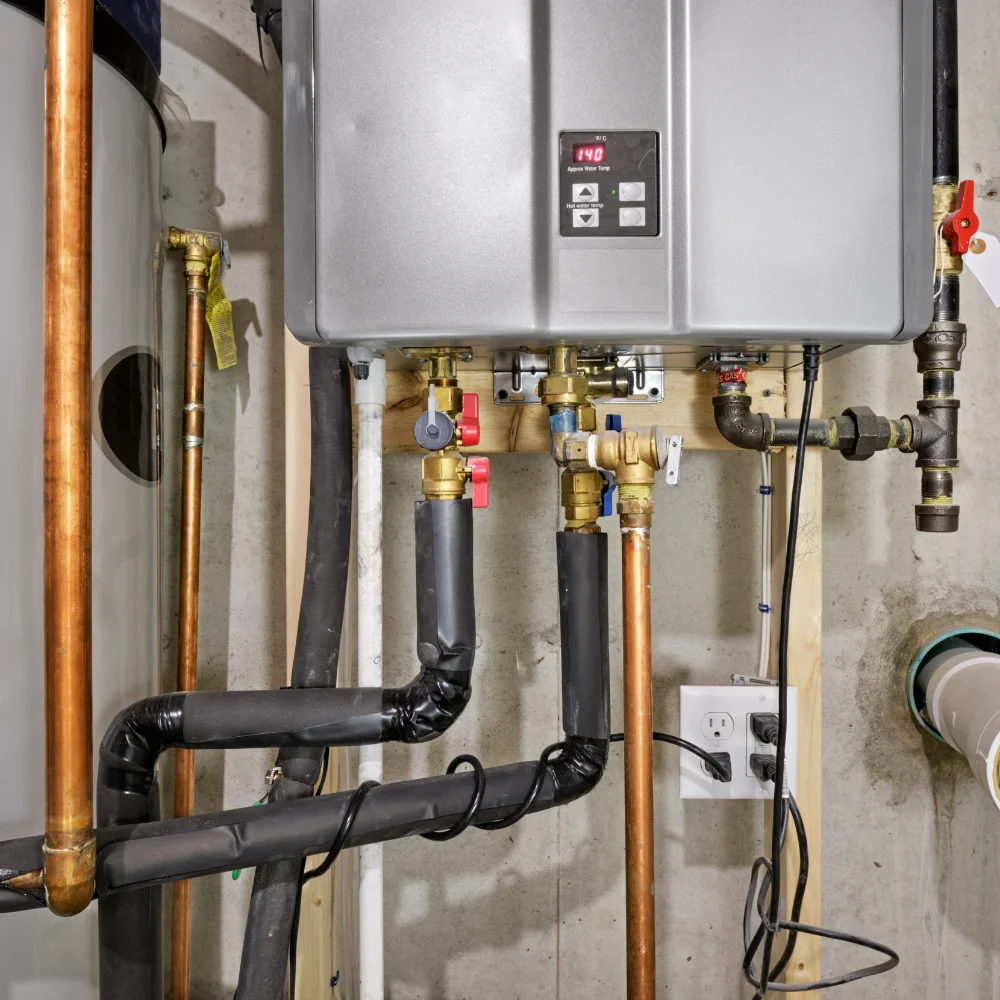 Wall-mounted tankless water heater with connected piping.