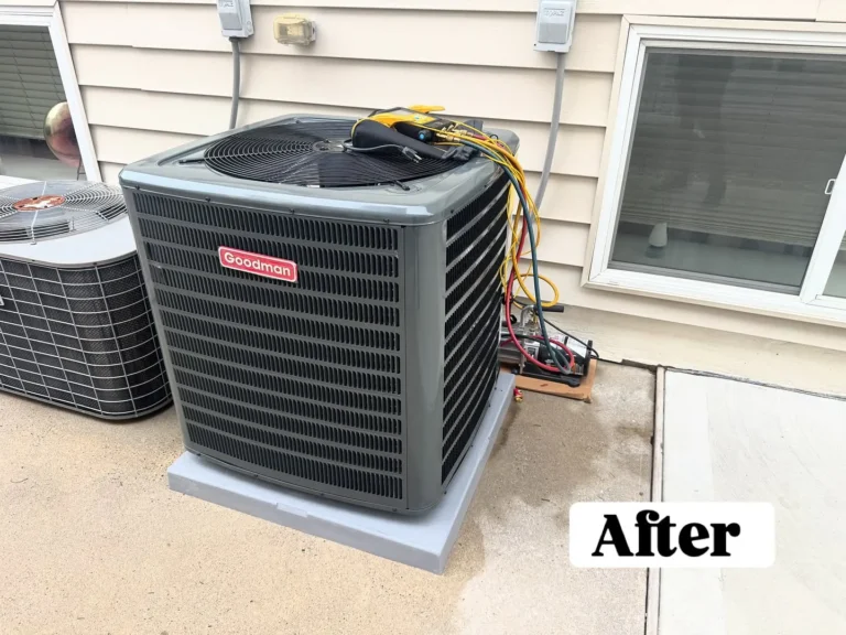 Goodman outdoor unit with service hoses and gauges.